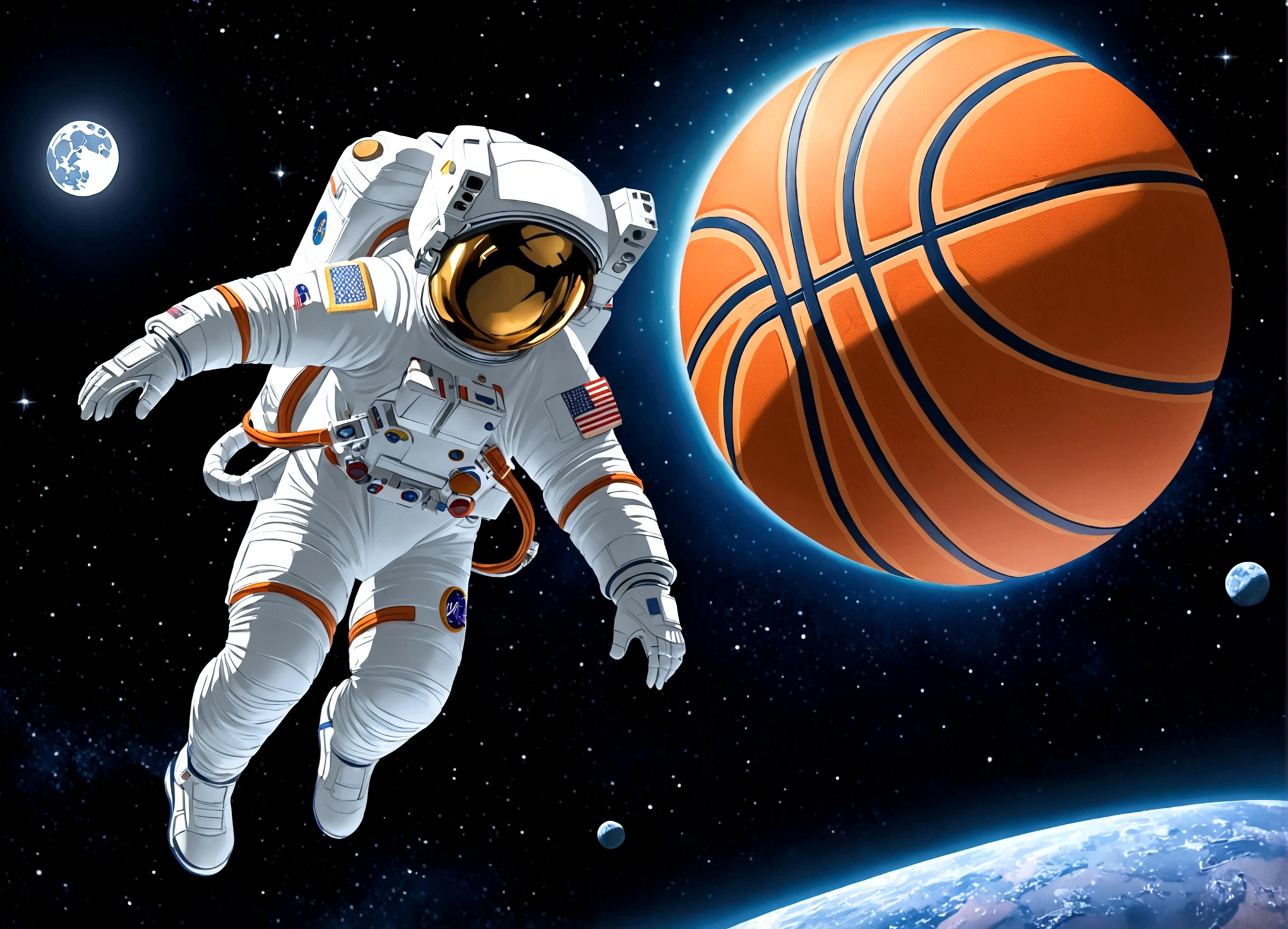 astronaut, Moon, basketball场, basketball, Space suit, Bright, Clarity, Rich in details, Science Fiction, basketball在空中飞翔, Moon表面纹理, Star bright, astronaut跳跃, basketball框, basketball场灯, night, moonlight, astronaut的笑容, Motion capture, Reality, Science Fiction Art