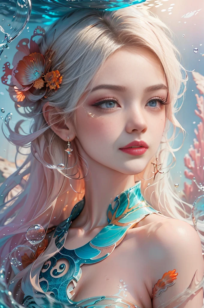 (Highest quality authentic textured skin),(abyssal),(Fine, Round, Symmetrical eyes),Delicate facial features,(Burning bright and cold eyes),(She has a mischievous smile on her face),(Her face is gentle and beautiful),Glass earrings on the ears,,(Blonde hair),(silvery white hair),(Maroon hair),(Swim at the bottom of the sea),(Full body portrait:1.5),(Dramatic photo:1.4),(dramatic pose),(flamboyant photo)(facing up),(Looking down),(Around her neck hangs a simple necklace of exquisite craftsmanship),A messy painting,(Hair flows in water:1.5),(Underwater, Marine life, Beautiful coral reef, Fish),(Vortices and tidal currents in the background),(Dramaticlight),(Magnificent scene),(Surrounded by beautiful fish),In the distant background is a temple submerged in a coral reef,the reef,Epic realism,Cinematic feeling,(high-density imaging review:1.5),(Soft color:1.2),Ultra detailed,Dramaticlight,(intricately details:1.1),the complex background,