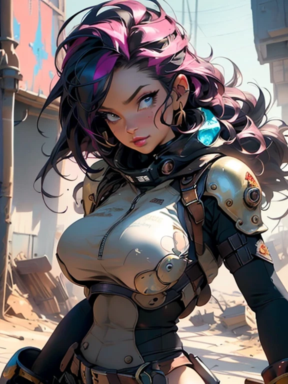 PERFECT MASTERPIECE, EXTREMELY DETAILED CG UNITY 8K UHD QUALITY RESOLUTION WALLPAPER, PHOTOREALISTIC, OFFICIAL ART, AWARD-WINNING PORTRAIT, DYNAMIC PROFESSIONAL CINEMATIC LIGHTING, RAW PHOTO, OCTANE RENDERING, The most beautiful and sexy steampunk girl, very long beautiful red hair, straight bangs, vibrant moonlight eyes, long detailed eyelashes, blushing, full pouting pink lips, shiny realistic skin, super huge enormously gigantic tits, cleavage showing, gigantic tits bursting out of her outfit, curvy body type, full hips, wearing highly detailed sexy post apocalyptic steampunk tactical gear and goggles, tons of tattoos and piercings, leaning forward spreading her legs open arching her back in a sexy dynamic seductive slutty pose, looking at the viewer, close up pov camera view from below, sexy seductive slutty facial expression, metal fragments and debris blowing in the wind, post apocalyptic wasteland background