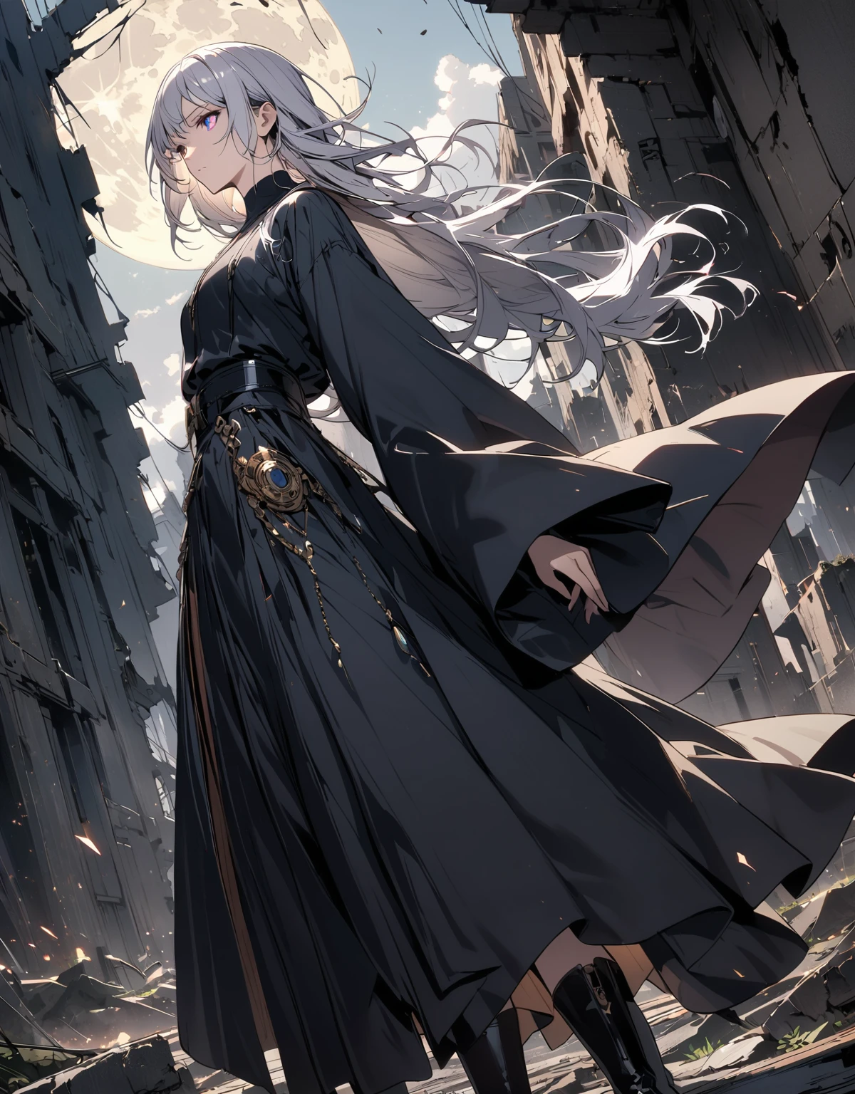 Highest quality, (Perfect Face:1.1), (Attention to detail:1.1), (Ultra-detailed eyes),dramatic, Ultra-thin illustration, Very detailed,White, flowing hair,Robe, Black boots,(The moon behind him),  Long white hair,Background ruins