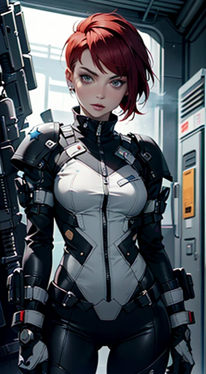 (((woman))), A 35-year-old a beautiful woman with ((((short red hair cut)))) ,wear cyber suit black and gray details, style for the cover of Heavy Metal magazine,short red hair cut, cyber bodysuit gray pants , gray carbon fiber cyber suit with gray stars in hexagonal pattern stained , (((black clothing with gray stars)))), (((militar gear , weapons and guns))), ((Annie Lennox)), inside a spaceship, cyberpunk, tight suits, bio mechanical suit,(intricate background),(masterpiece),(best quality),