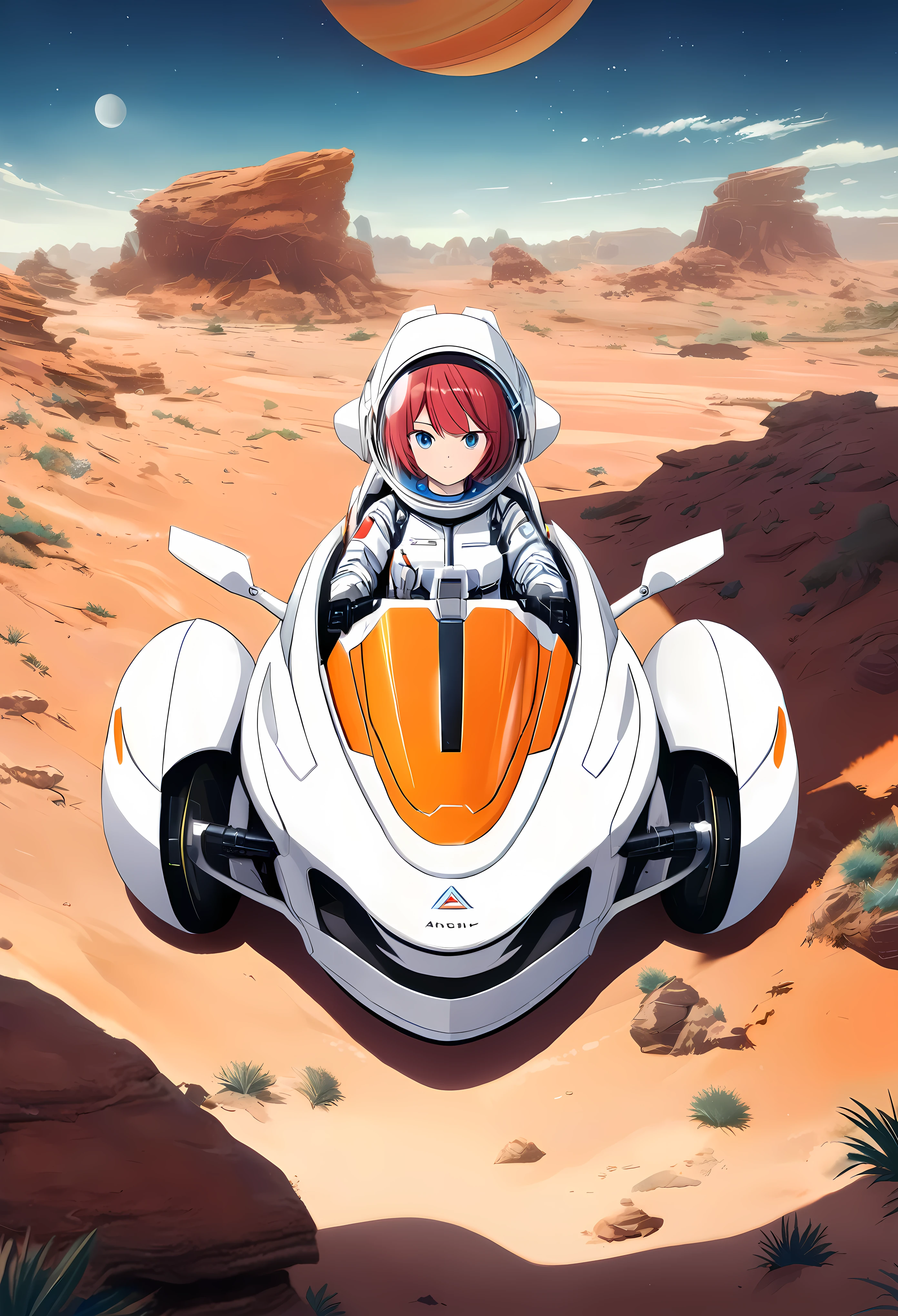 Create a detailed image of a female astronaut riding a futuristic hoverbike on an alien planet. The astronaut should be wearing a sleek, advanced spacesuit with a transparent helmet, showcasing her determined expression. Her spacesuit should be white with metallic accents, fitted with advanced life-support systems and digital displays on the arms. (short hair). The hoverbike should have a sleek, aerodynamic design with a low-slung, elongated body in a vibrant red color with a glossy finish. It should have advanced anti-gravity thrusters emitting a soft blue glow, positioned in the front, giving it a hovering effect. The hoverbike should feature detailed decals and futuristic text, with a contoured seat for the rider. The handlebars should be minimalistic, with advanced digital controls and displays integrated into the design. The alien planet's landscape should be exotic and otherworldly, with rugged terrain, strange rock formations, and a colorful, star-filled sky with multiple moons or planets visible in the background. The environment should have a mix of vibrant and muted colors, creating a sense of mystery and adventure.  | ((perfect_composition, perfect_design, perfect_layout, perfect_detail, ultra_detailed)), ((enhance_all, fix_everything)), More Detail, Enhance.