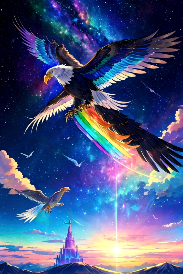 Rainbow Eagle、iridescent bird、A phoenix flying in the rainbow sky，Big Wings、colorful，beauttiful stars，wonderful景色，Utopia，An atmosphere full of dreams and hope，masterpiece．16K, Ultra-high resolution, Ultra-high resolution, to be born,wonderful ,future、Iridescent、The world 30 years from now。