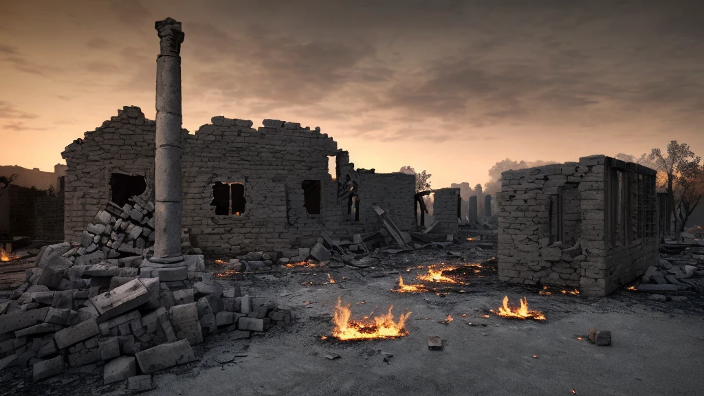 (masterpiece:1.2), (best quality,:1.2), 8k, HDR, ultra detailed, ((photorealistic)), professional light, cinematic lighting, fashion photography, ambient lighting,ruins of a burned village, FanRu ((perfect hands)), epiCPhoto