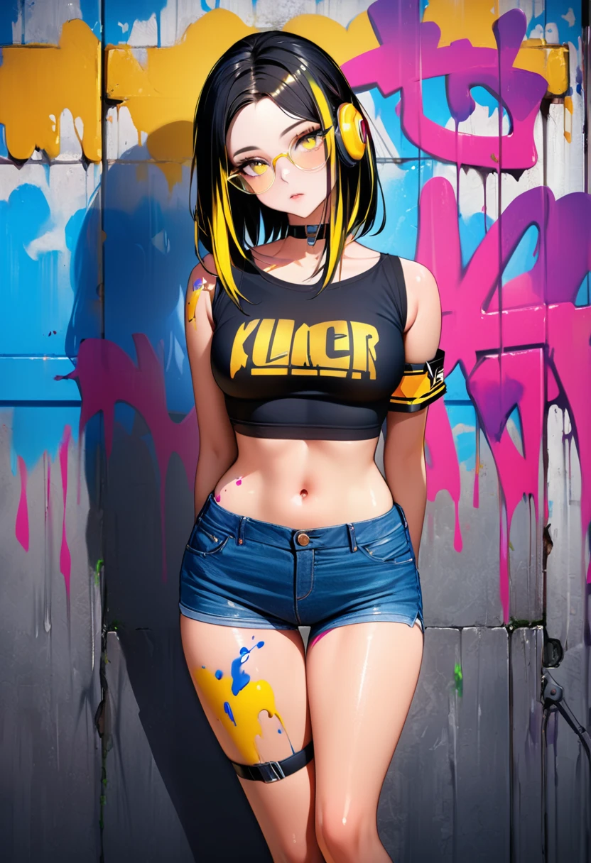 estilo anime, mujer grafitera, grafiti en la pared, desnuda contra la pared, gorra de lado, colores vivos, buena figura, buenas curvas, tatuajes maxima calidad, ultra detallado,  ultra detailed 8k image, sharp image, cuerpo entero