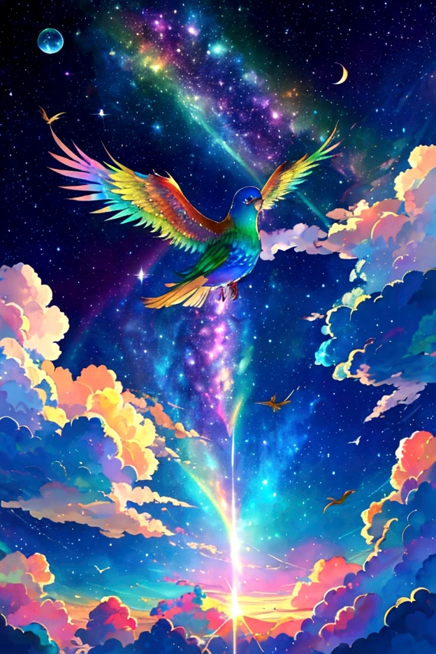 a rainbow colored bird、iridescent bird、A phoenix flying in the rainbow sky，colorful，beauttiful stars，wonderful景色，Night Sky，An atmosphere full of dreams and hope，masterpiece．16K, Ultra-high resolution, Ultra-high resolution, to be born,wonderful ,future、Iridescent、The world 30 years from now。