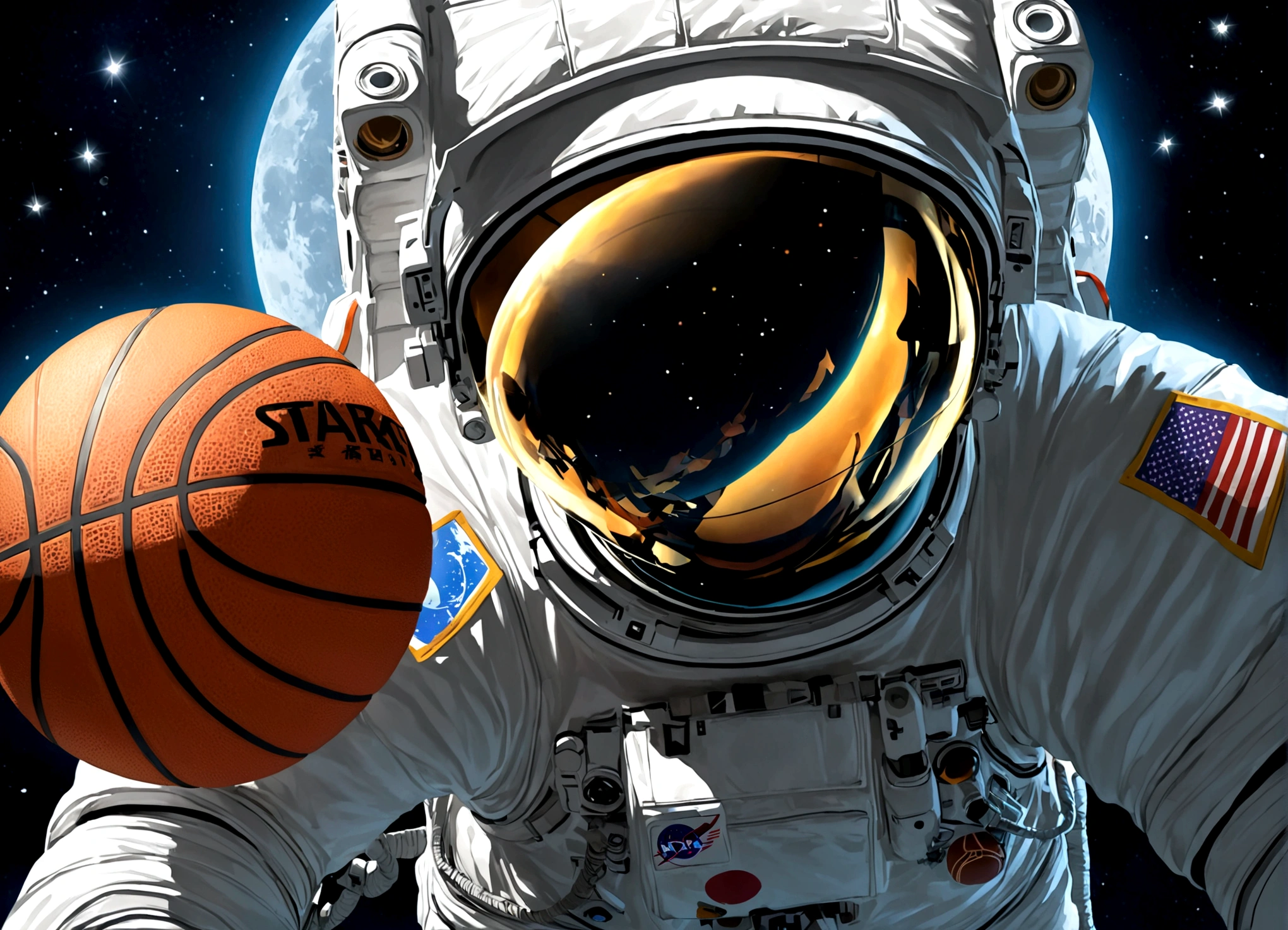 astronaut, Moon, basketball场, basketball, Space suit, Bright, Clarity, Rich in details, Science Fiction, basketball在空中飞翔, Moon表面纹理, Star bright, astronaut跳跃, basketball框, basketball场灯, night, moonlight, astronaut的笑容, Motion capture, Reality, Science Fiction Art