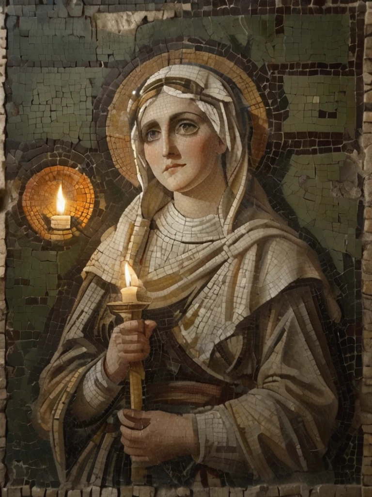 roman mosaic style, greek mosaic style, nun in a church with candles and a cross