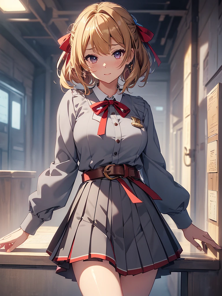 Chisato,lycoris recoil,lycoris uniform,short hair, ribbon, hair ribbon, red ribbon, bob cut,masterpiece,1 girl,big breasts,smilling,room,whole body