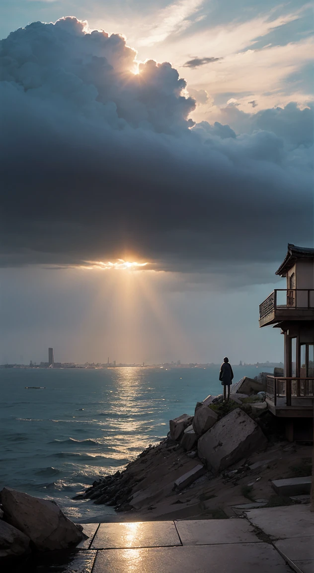 "Weathering with You, never-ending rain, the sunken city of Tokyo, an anime-style illustration of a girl praying. The sky is filled with thick clouds and iridescent light, creating a mysterious atmosphere. The detailed anime style is reminiscent of Makoto Shinkai, and the rich use of color and light is characteristic. The scene has a fantastical and moving atmosphere."