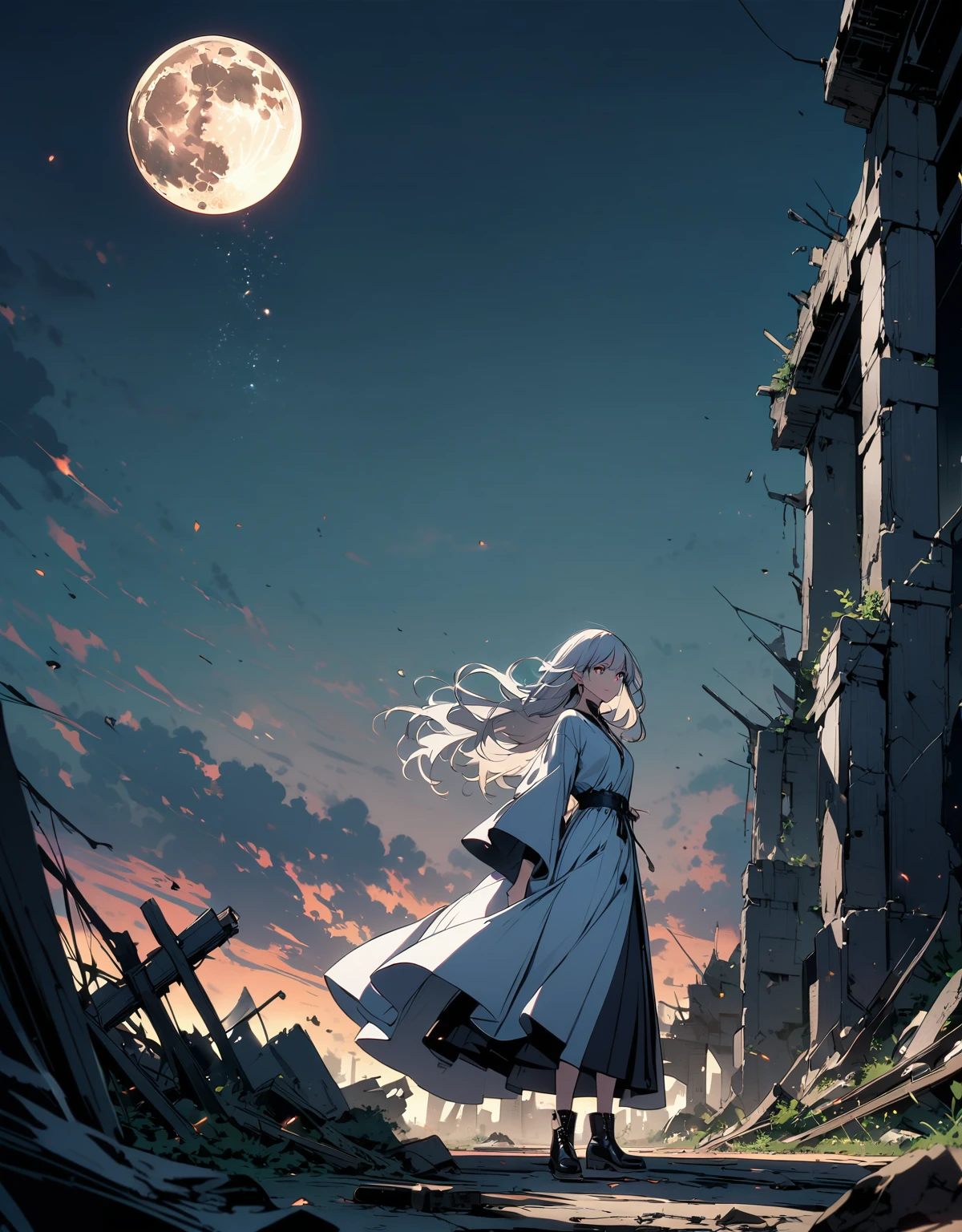 Highest quality, (Perfect Face:1.1), (Attention to detail:1.1), (Ultra-detailed eyes),dramatic, Ultra-thin illustration, Very detailed,White, flowing hair,Robe, Black boots,Clean moon, Long white hair,Background ruins