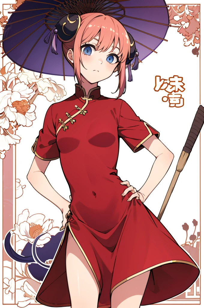 masterpiece, best quality, highres, kgr1, red dress, double bun, bun cover, china dress, chinese clothes, knee boots, short sleeves, small breasts, cowboy shot, hand on hip, closed umbrella, holding umbrella, outdoors,