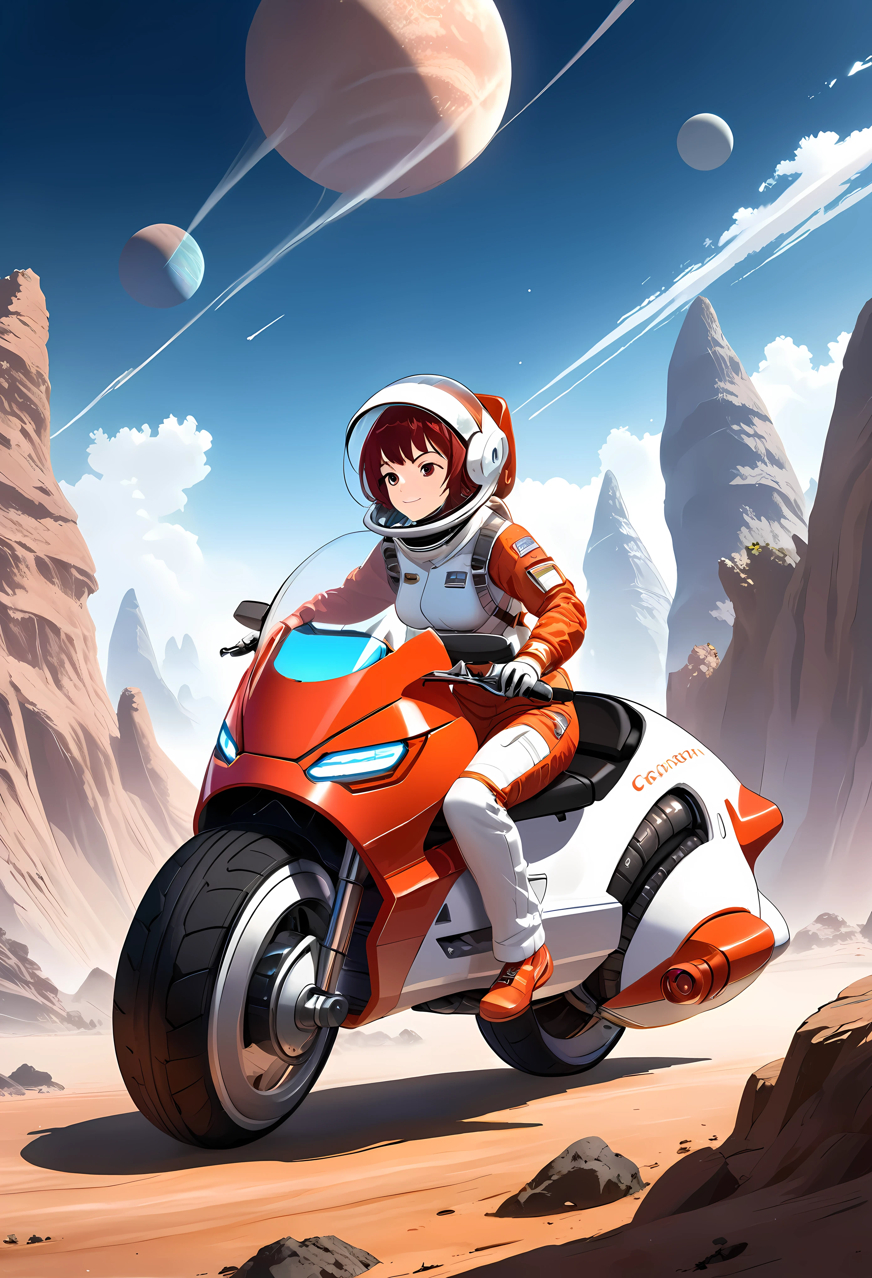 Create a detailed image of a female astronaut riding a futuristic hoverbike on an alien planet. The astronaut should be wearing a sleek, advanced spacesuit with a transparent helmet, showcasing her determined expression. Her spacesuit should be white with metallic accents, fitted with advanced life-support systems and digital displays on the arms. (short hair). The hoverbike should have a sleek, aerodynamic design with a low-slung, elongated body in a vibrant red color with a glossy finish. It should have advanced anti-gravity thrusters emitting a soft blue glow, positioned in the front, giving it a hovering effect. The hoverbike should feature detailed decals and futuristic text, with a contoured seat for the rider. The handlebars should be minimalistic, with advanced digital controls and displays integrated into the design. The alien planet's landscape should be exotic and otherworldly, with rugged terrain, strange rock formations, and a colorful, star-filled sky with multiple moons or planets visible in the background. The environment should have a mix of vibrant and muted colors, creating a sense of mystery and adventure.  | ((perfect_composition, perfect_design, perfect_layout, perfect_detail, ultra_detailed)), ((enhance_all, fix_everything)), More Detail, Enhance.