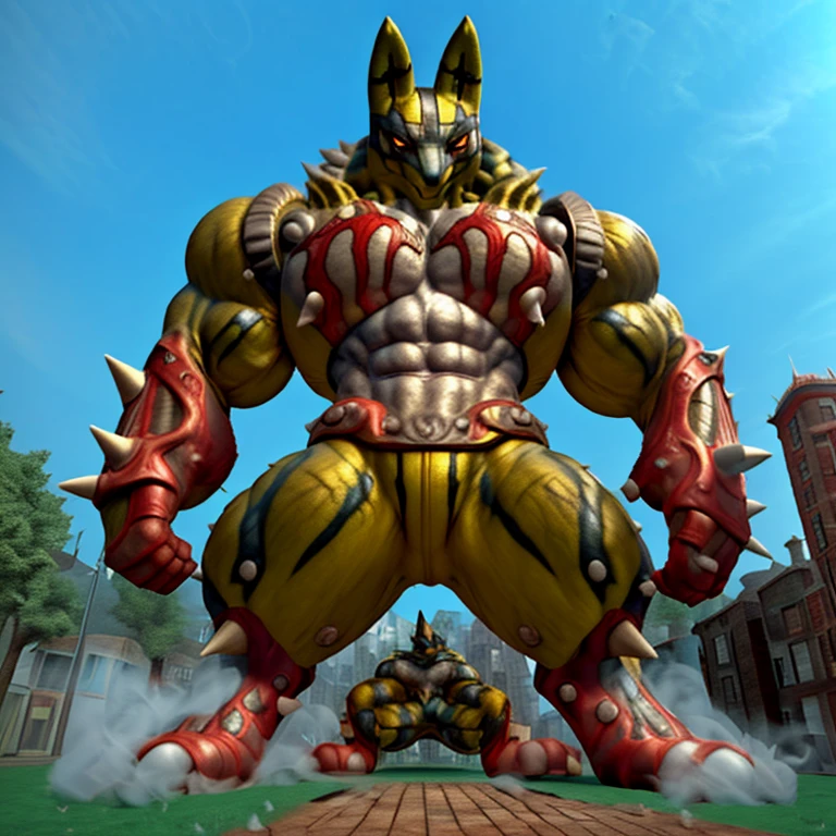 (masterpiece. official art. 8k. best quality. detailed full body. full body.)
(situation 1 : dominating mega lucario. focus GIANT mechanical Muscular mega lucario is trampling the CITY. macro. stomp. Low-angle perspective. emphasizing the immense size. The perspective is from below, emphasizing the sheer majesty and power of the Giant. giant art. He is much bigger than a skyscraper. Giga Giants. micro soccer field. looking down.)
(situation 2 :smoke and flames rising from the destruction in the city)
(Additional details 2: Detailed head. Detailed Body. Detailed abs. gigantic muscles. HYPER MUSCLES. Gigachad Muscular. big muscle. pecs. triceps. traps. unusually developed muscular body. body full of huge muscles. showing off muscles. pectorales enormes. Exaggeratedly huge muscles. huge muscles. long legs. Chest spikes.).