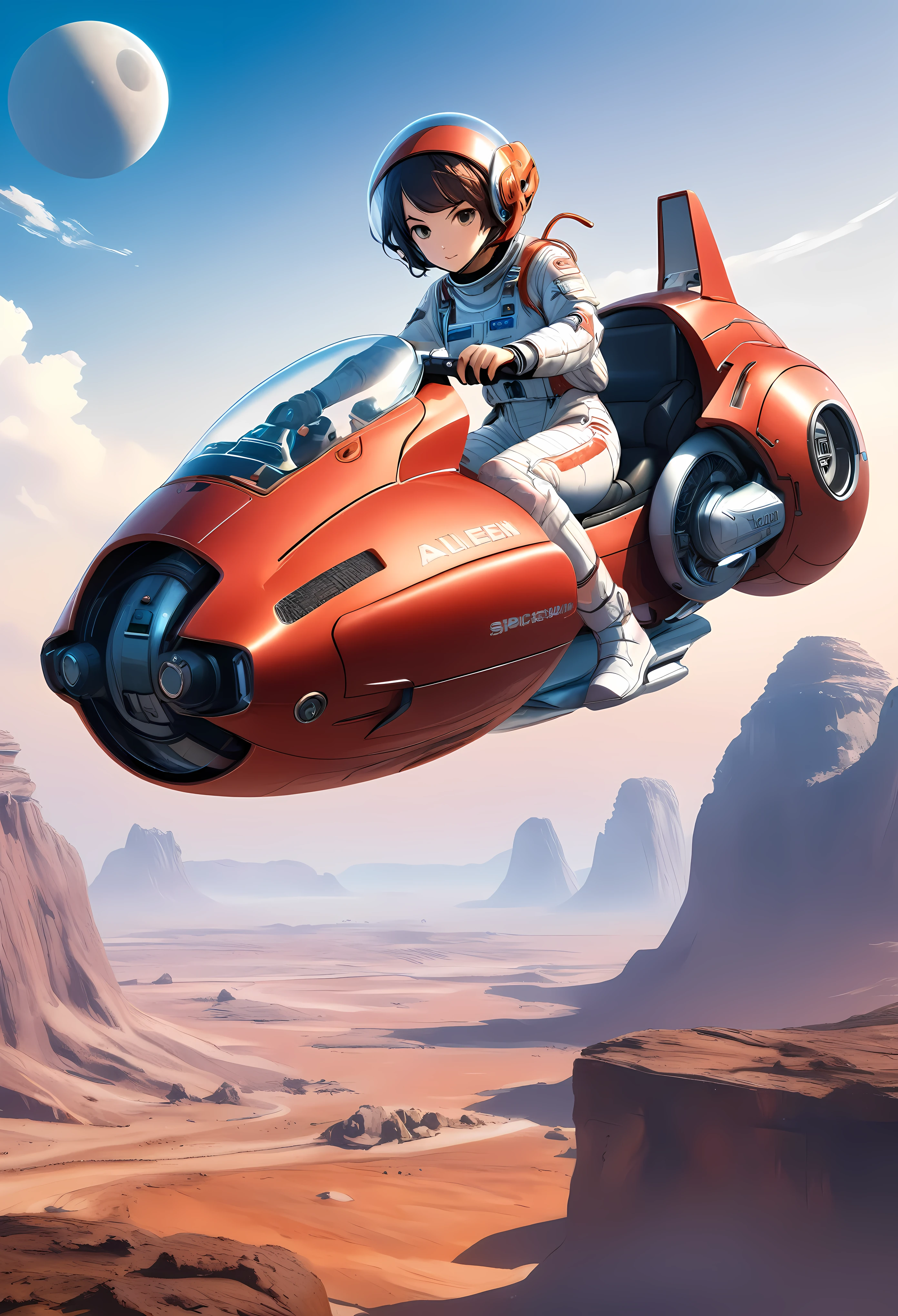 Create a detailed image of a supermodel beauty female astronaut riding a futuristic hoverbike on an alien planet. The astronaut should be wearing a sleek, advanced spacesuit with a transparent helmet, showcasing her determined expression. Her spacesuit should be white with metallic accents, fitted with advanced life-support systems and digital displays on the arms. (short hair). The hoverbike should have a sleek, aerodynamic design with a low-slung, elongated body in a vibrant red color with a glossy finish. It should have advanced anti-gravity thrusters emitting a soft blue glow, positioned where the wheels would be, giving it a hovering effect. The hoverbike should feature detailed decals and futuristic text, with a contoured seat for the rider. The handlebars should be minimalistic, with advanced digital controls and displays integrated into the design. The alien planet's landscape should be exotic and otherworldly, with rugged terrain, strange rock formations, and a colorful, star-filled sky with multiple moons or planets visible in the background. The environment should have a mix of vibrant and muted colors, creating a sense of mystery and adventure.  | ((perfect_composition, perfect_design, perfect_layout, perfect_detail, ultra_detailed)), ((enhance_all, fix_everything)), More Detail, Enhance.