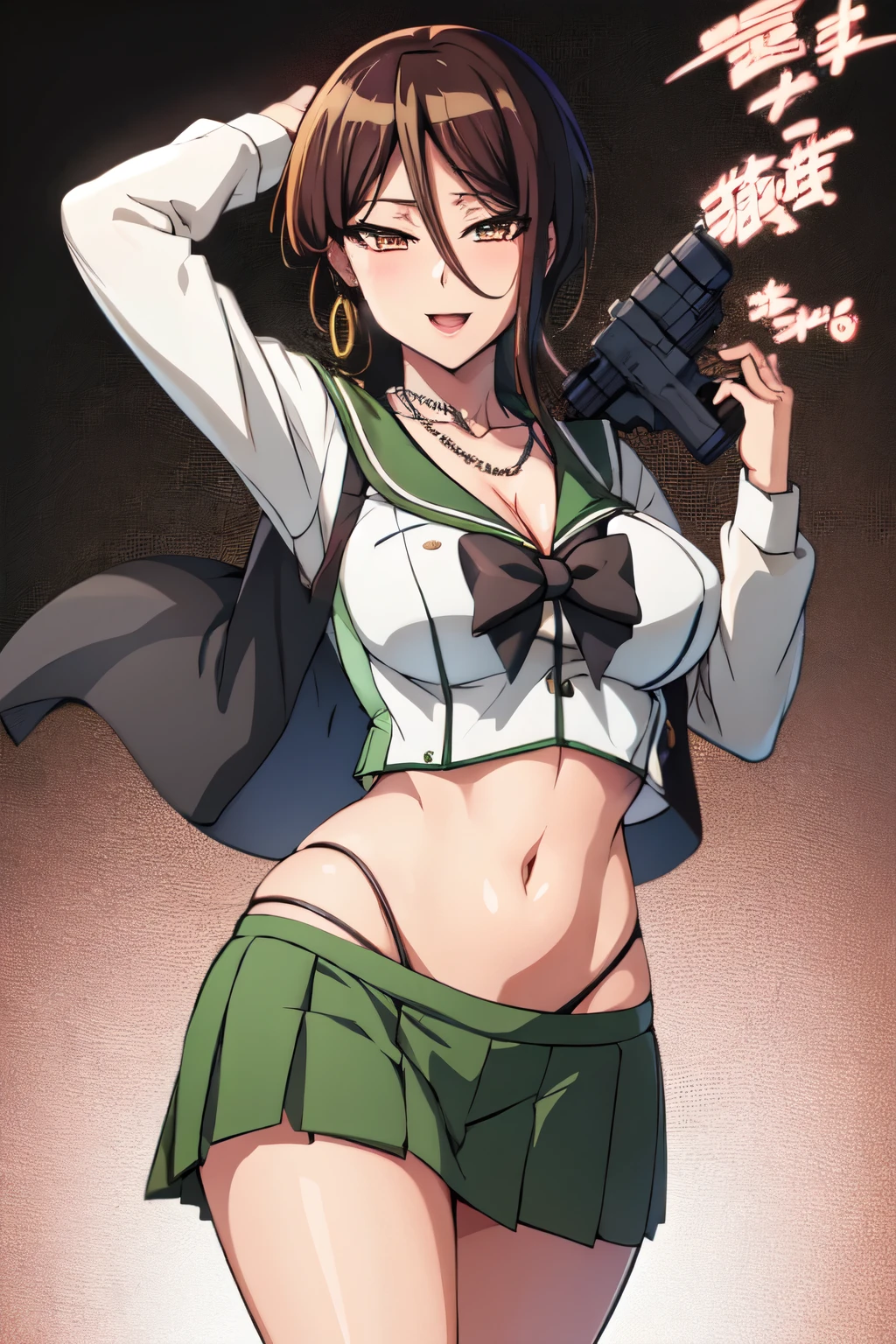  solo, 1girl, yashio rui,  jewelry, earrings, necklace, choker, blush, lipstick, long hair, masterpiece, best quality, highly detailed, a anime girls in sailor uniforms with a gun posing for a picture,
evil smile, smile, open mouth,black_serafuku, ecchi anime style, anime girls , (nsfw) not safe for work,
ecchi style, ecchi, shipgirls, digital anime art!!, high school girls, holding a gun, hold a gun, anime style 4
k, micro skirt, exposed belly, exposed navel, exposed midriff,
exposed lower belly,school, classroom, 