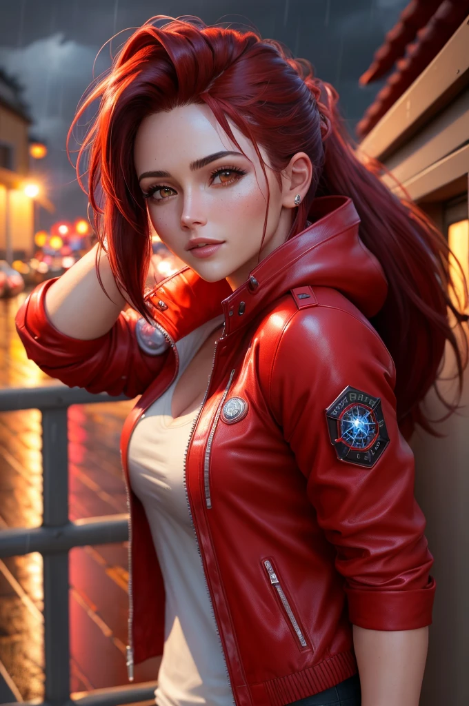 Marz , as claire redfield, red jacket, rain, night,  portrait, (8k, RAW photo, best quality, masterpiece:1.2),ultra-detailed, (high detailed skin:1.2), 8k uhd, dslr, soft lighting, high quality,  