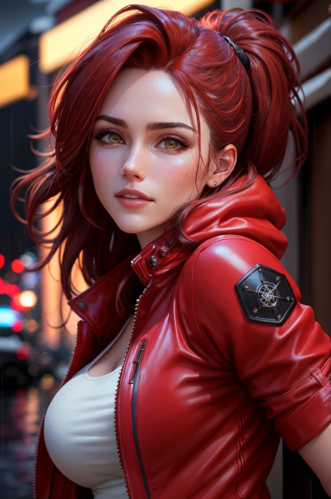 Marz , as claire redfield, red jacket, rain, night,  portrait, (8k, RAW photo, best quality, masterpiece:1.2),ultra-detailed, (high detailed skin:1.2), 8k uhd, dslr, soft lighting, high quality,  