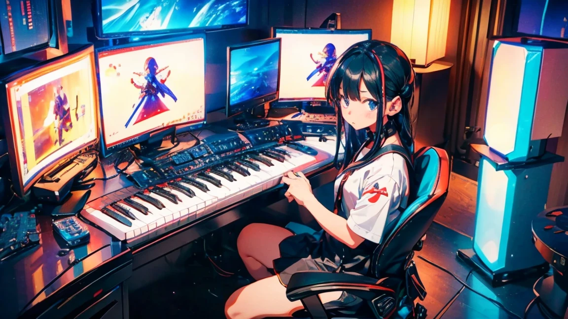 Music Production Room　Computer Desk　Note PC　Monitor Speaker　Electronic Piano　pastels　Girl with her back turned