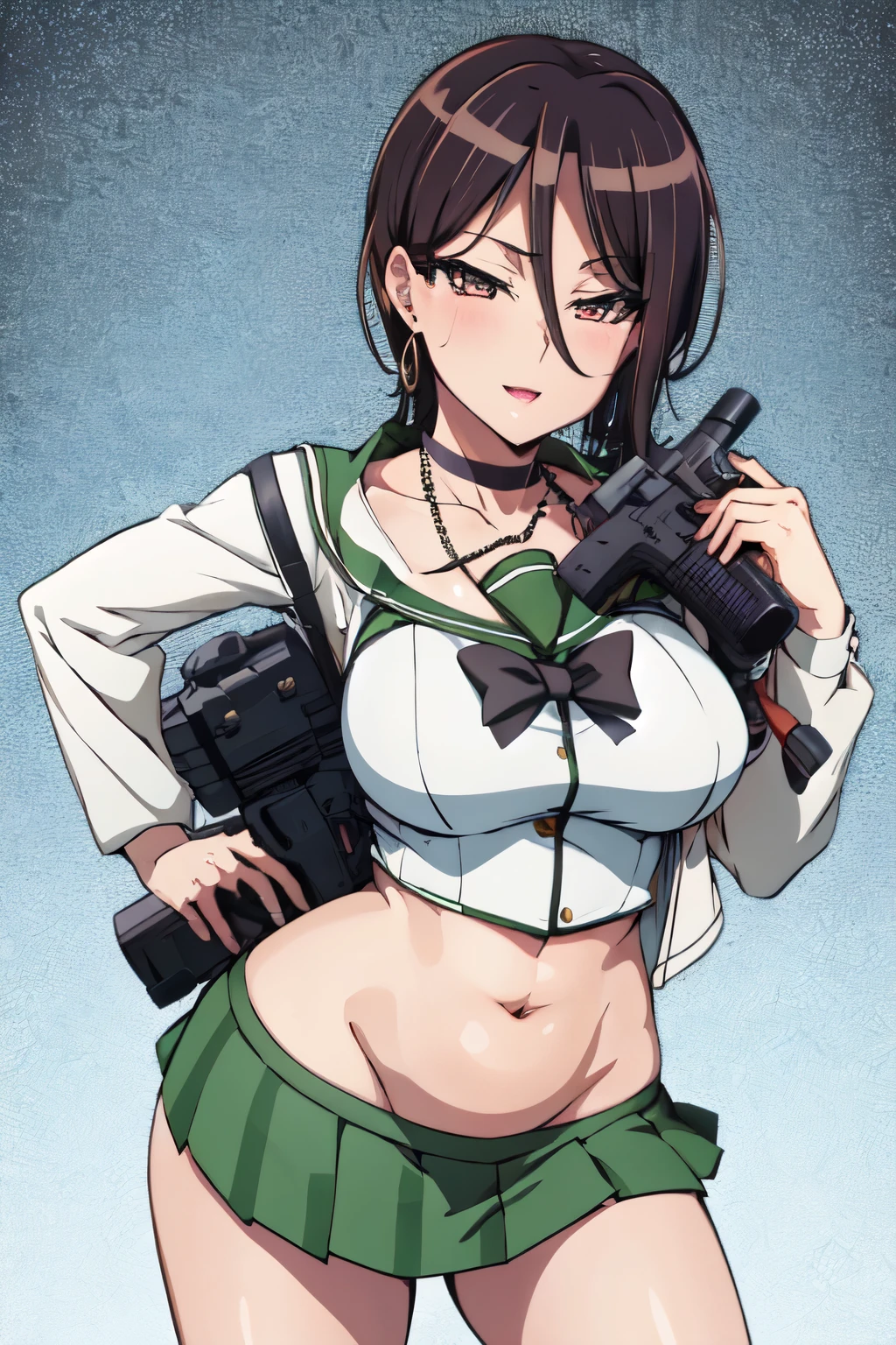  solo, 1girl, yashio rui,  jewelry, earrings, necklace, choker, blush, lipstick, long hair, masterpiece, best quality, highly detailed, a anime girls in sailor uniforms with a gun posing for a picture,
evil smile, smile, open mouth,black_serafuku, ecchi anime style, anime girls , (nsfw) not safe for work,
ecchi style, ecchi, shipgirls, digital anime art!!, high school girls, holding a gun, hold a gun, anime style 4
k, micro skirt, exposed belly, exposed navel, exposed midriff,
exposed lower belly,school, classroom, 