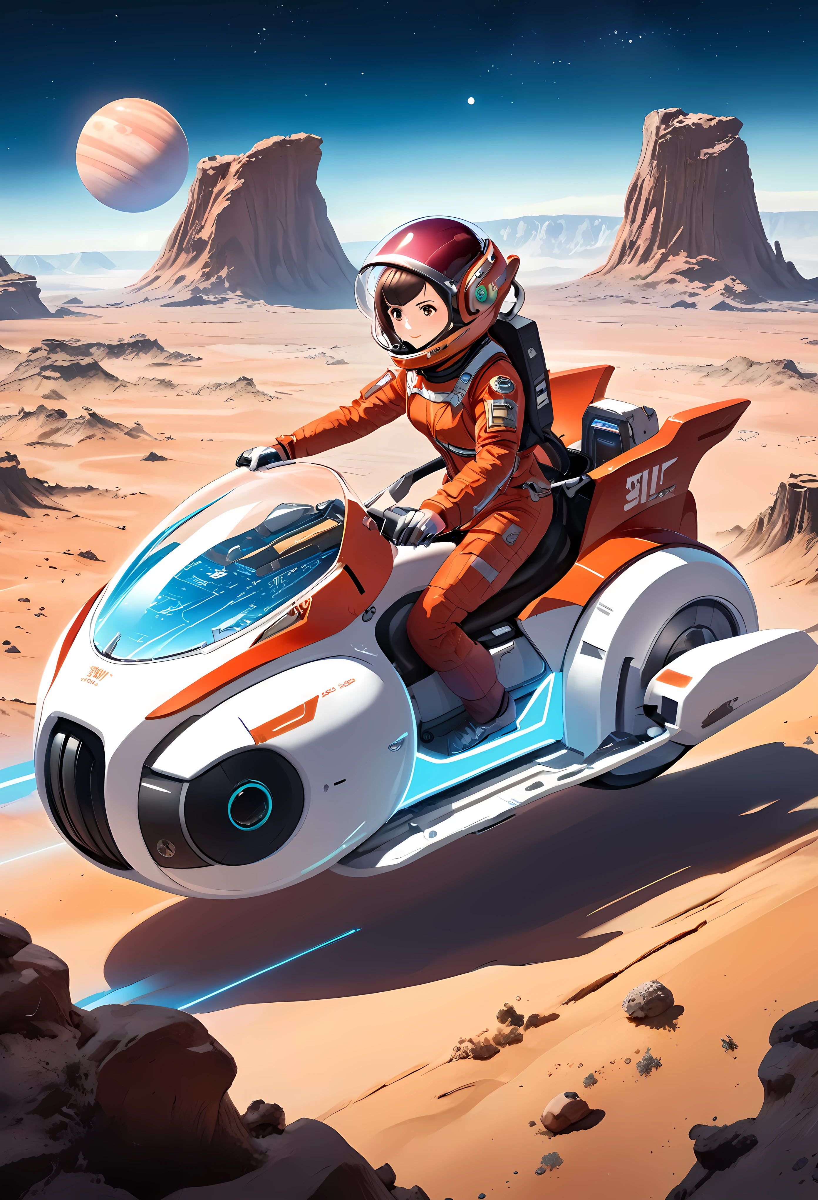 Create a detailed image of a female astronaut riding a futuristic hoverbike on an alien planet. The astronaut should be wearing a sleek, advanced spacesuit with a transparent helmet, showcasing her determined expression. Her spacesuit should be white with metallic accents, fitted with advanced life-support systems and digital displays on the arms. (short hair). The hoverbike should have a sleek, aerodynamic design with a low-slung, elongated body in a vibrant red color with a glossy finish. It should have advanced anti-gravity thrusters emitting a soft blue glow, positioned in the front, giving it a hovering effect. The hoverbike should feature detailed decals and futuristic text, with a contoured seat for the rider. The handlebars should be minimalistic, with advanced digital controls and displays integrated into the design. The alien planet's landscape should be exotic and otherworldly, with rugged terrain, strange rock formations, and a colorful, star-filled sky with multiple moons or planets visible in the background. The environment should have a mix of vibrant and muted colors, creating a sense of mystery and adventure.  | ((perfect_composition, perfect_design, perfect_layout, perfect_detail, ultra_detailed)), ((enhance_all, fix_everything)), More Detail, Enhance.