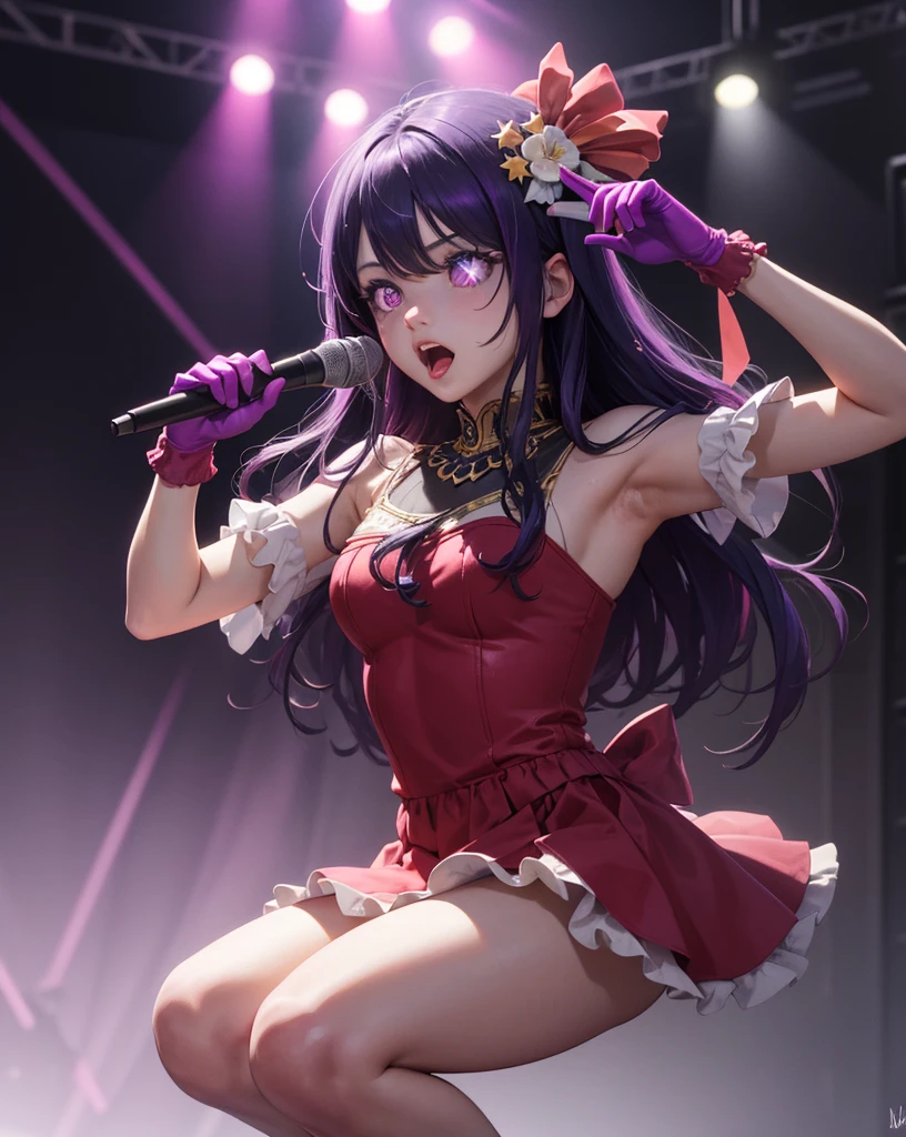 ultra detail, masterpiece, High resolution, perfect lighting, (((1girl, Perfect Anatomy, perfect style))), Ai Hoshino, idol, hair between eye, Hair Ornament, Hair Ribbon, Long hair, (Purple eyes:1.1), Purple hair, rabbit hair ornament, (star-shaped pupils:1.5), red gloves, Sing with a microphone in your right hand, smile, blush, stick out tongue, wink, (((sweaty, wet skin, wet hair, wet pussy))), (((light-pink, erotic lingerie, Nipples exposed, pussy exposed))), Take the spotlight on the concert stage, (((Taken from the bottom 1.3))), (((view from below))), professional art,