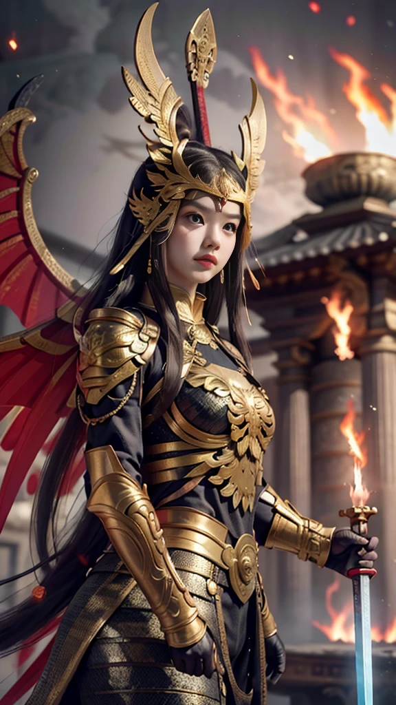 Mythological masterpiece, 26 year old Korean girl wearing a black warrior outfit complete with armor tightening her hands holding an amazing glowing bow blood flame wings carcass bloody face, standing on the head of a huge bird monster a huge black flame wing eagle with red eyes emitting fire in her mouth looks angry, an old Shaolin temple building behind a big explosion shooting big dirty smoke, with a sword,, girl hiding from a big explosion, dragon, destruction, in the background sosol male warrior behind, detail