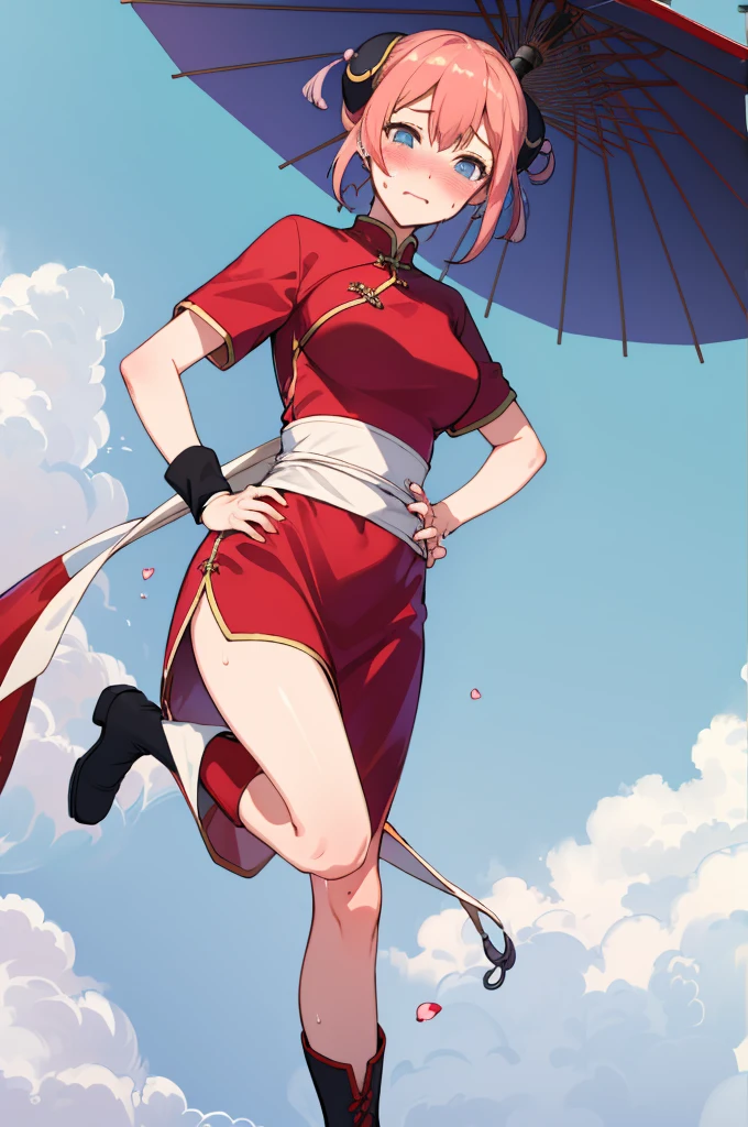 masterpiece, best quality, highres, kgr1, red dress, double bun, bun cover, china dress, chinese clothes, knee boots, short sleeves, big breasts,, hand on hip, closed umbrella, holding umbrella, outdoors,bare legs,looking viewer,blush,sweating