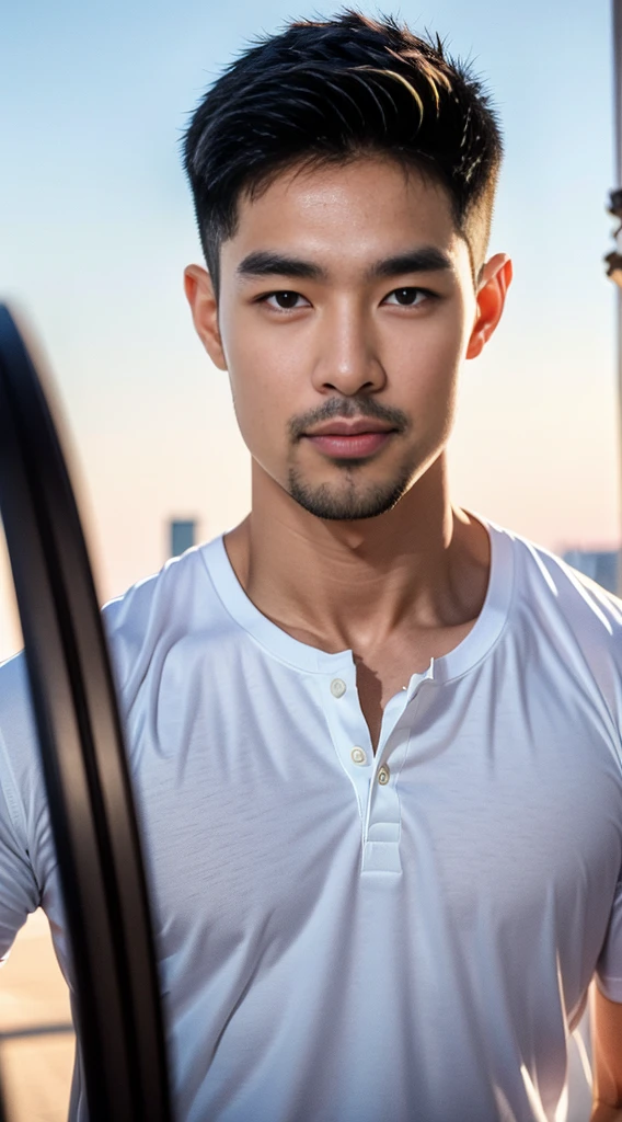 ((Highest quality, 8K, Masterpiece:1.3)),Thailand Laos Burma Asia,Thai man buzz haircut,A handsome Asian sport  short hair,a muscular beard,and big muscles.,１A man who has,yo,Good appearance,Beautiful nose,Detailed eyes and face,beautiful light,(studio),high resolution,(Look at the viewer.),Fine mouth,whole body:1.5,perfect shape:1.3,Picture of both shoulders:1.3,(t-shirt:1.2),black cargo pants,wristband,landscape,(The background is  Bokeh:1.2),on the sea,(fur-trimmed_jacket:1.2),