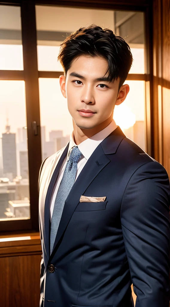 (realistically, Masterpiece, High resolution 8K, good light quality, Portrait, closed on face, complicated details), The most handsome Korean uncle., Beard，Age 40, Staring at desire, detailed face, Detailed eyes, look at the sky, shirt, suit lac suit，tick,黑Eyes, (Pale skin), body standards,brown hair, smooth hair,Big Back， Outdoor activities, evening, sunset,office room, Exaggerated, impersonal