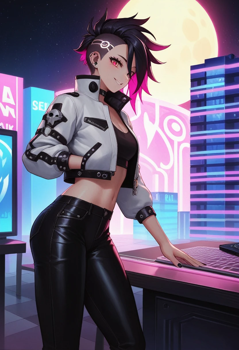 juri han,standing with your back to the viewer,beautiful young warrior , with a very detailed and beautiful face, beautifuleyes, beautifuleyes, gorgeous face, glowing purple eyes,beautiful young woman wearing long black leggings with black details, usando leather jacket preta, Standing in an office, wearing black boots, horn hair, with black fringe, evil smile ,white sweater with strap around, serious look,usando leather jacket preto, leather jacket,yellow lighting, evil smile,leggings,