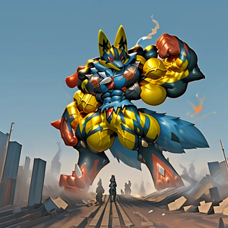 (masterpiece. official art. 8k. best quality. detailed full body. full body.)
(situation 1 : dominating shiny_mega_lucario. focus GIANT mechanical Muscular shiny_mega_lucario is trampling the CITY. macro. stomp. Low-angle perspective. emphasizing the immense size. The perspective is from below, emphasizing the sheer majesty and power of the Giant. giant art. He is much bigger than a skyscraper. Giga Giants. micro soccer field. looking down.)
(situation 2 :smoke and flames rising from the destruction in the city)
(Additional details 2: (Detailed head. Detailed Body. Detailed abs. gigantic muscles. HYPER MUSCLES. Gigachad Muscular. big muscle. pecs. triceps. traps. unusually developed muscular body. body full of huge muscles. showing off muscles. pectorales enormes. Exaggeratedly huge muscles. huge muscles. long legs.).
