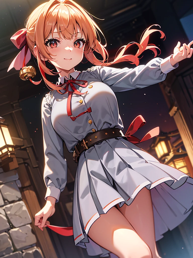 2d, artwork, Best quality, anime, 1 girl, Alone, cowboy shot, nakano yotsuba, orange hair, hair bow, top cut, medium breasts, smile, looking at viewer,