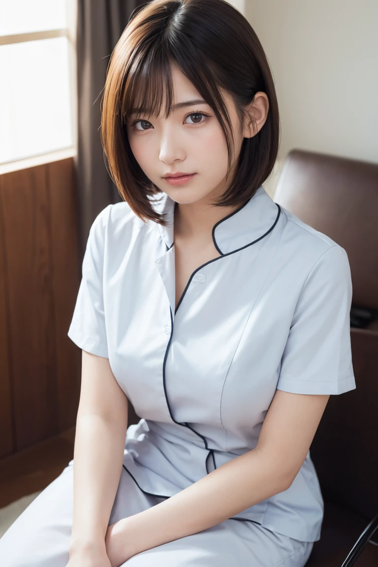 8K,Masterpiece,(alone),30 years old,(Japanese women)、One Woman、Smile,Slender figure,Small breasts,Shapely breasts,Light Brown Hair,Medium Hair,Realistic、Mature Woman,hospital,White nurse uniform