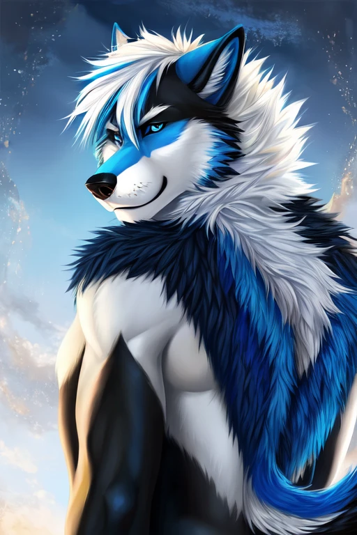 ((best qualityer)), ((work of art)), (detailded), naughty man, wolves, blue colored eyes, white hair with dark blue highlights, big blue and black tail