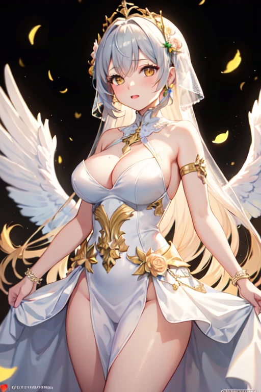 ((Highest quality)), ((masterpiece)), (detailed), One girl, sexy-,A woman standing proudly,
Rifle slung over shoulder,Neon color,protocol,pure white wedding dress,
Gold and silver lace dress,The world view is a fallen angel,Women&#39;s Hair,curl,Wave,
Yellow Eyes,Red and pink background,Black background,Pink light bulb color,Colorful feathers,
8K,delicate,
