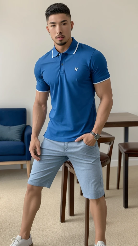 1 handsome Japanese guy,27 years old,一个穿着blue衬衫和短裤的男人, navy blue, navy blue, Sports T-shirt, blue, Sportswear, 富丽堂皇的深blue衣服, Sportswear, short sleeves, 金锦深blue衣服, short young man, Tennis wear, Wearing a track suit, 深blue装饰服装,Masculine,handsome,High,Muscles look good,hairy body,Wheat complexion,black eyes(thin eyes 1:3),Full body image