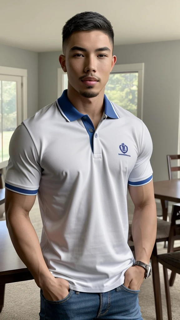 Thai man ,man,He is about 30 years old.,Rough and handsome appearance,Big muscles,large pectoral muscles,polo shirt park,Big waistline,chest hair,sitting on the roadside,Wearing the tongs,buzz cut, angry, sullen, best quality, Masterpiece,(Kitchen Background:1.5),(Have muscles:4.5),(fat:1.5),(gray hair:1.5 ),(gray body hair:1.5),(skin wrinkles:1.5),(shine on the skin:1.5),