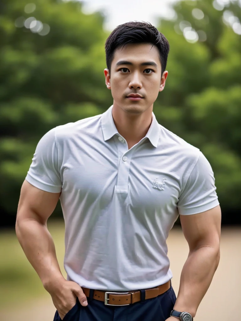 A male police officer in his 20s poses for a group photo., Wear a navy blue polo shirt., high resolution, Masterpiece, best quality, head:1.3,, Smooth and fine skin, clear focus, (movie light), during the night, gentle light, Dynamic angle, (detailed face:1.2), (((exercise))), sport, His arm muscles were very big., hand in crotch, in his bedroom ,natural and delicate,
