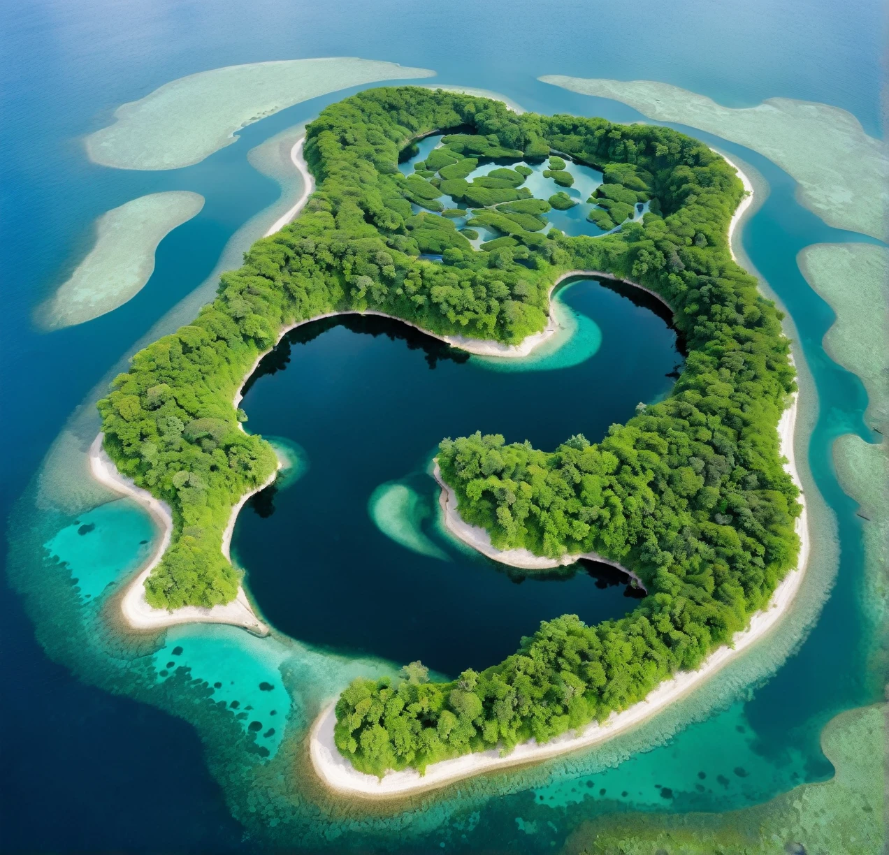 A topview scenes of diverse, vibrant environments: Exotic island, lush forests, round iris lake, serene oceans