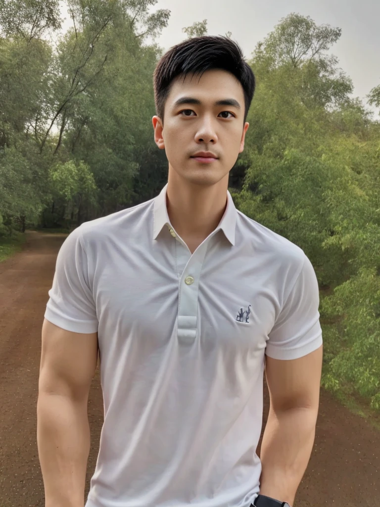 Thai man ,man，He is about 30 years old.，Rough and handsome appearance，Big muscleuscleหน้าอกขนาดใหญ่，(white polo shirt park:1.3)，Jeans ,Big waistline，chest hair，sitting on the roadside，Wearing the tongs，buzz cut, angry, sullen, best quality, Masterpiece，(outdoor background road :1.5)，（Have muscles：4.5），（fat：1.5），（gray hair：1.5 ），（gray body hair：1.5），（skin wrinkles：1.5），（shine on the skin：1.5），(best quality,High resolution,Masterpiece:1.2),The eyes are natural and delicate.,1 person,alone,gay asian,muscle,Long legs,brave,short hair details,conjunctivitis ,stalwart,brown eyes,in the bedroom,