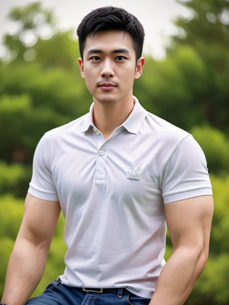A male police officer in his 20s poses for a group photo., Wear a navy blue polo shirt., high resolution, Masterpiece, best quality, head:1.3,, Smooth and fine skin, clear focus, (movie light), during the night, gentle light, Dynamic angle, (detailed face:1.2), (((exercise))), sport, His arm muscles were very big., hand in crotch, in his bedroom ,natural and delicate,