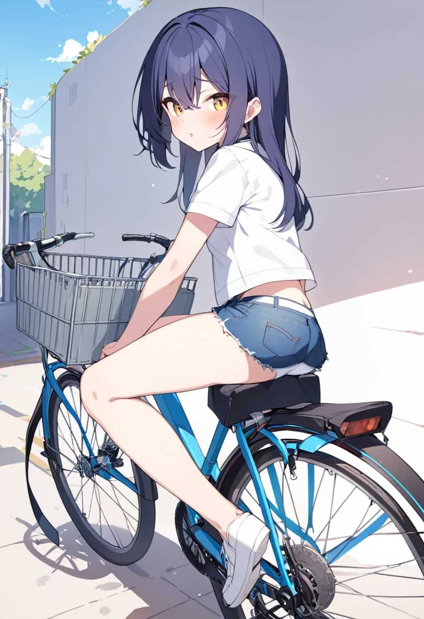 todoshizuko, purple hair, ponytail, hair ribbon, long hair, blue eyes, makeup,  old , large breasts, solo, nsfw, nipple,  ride a bicycle