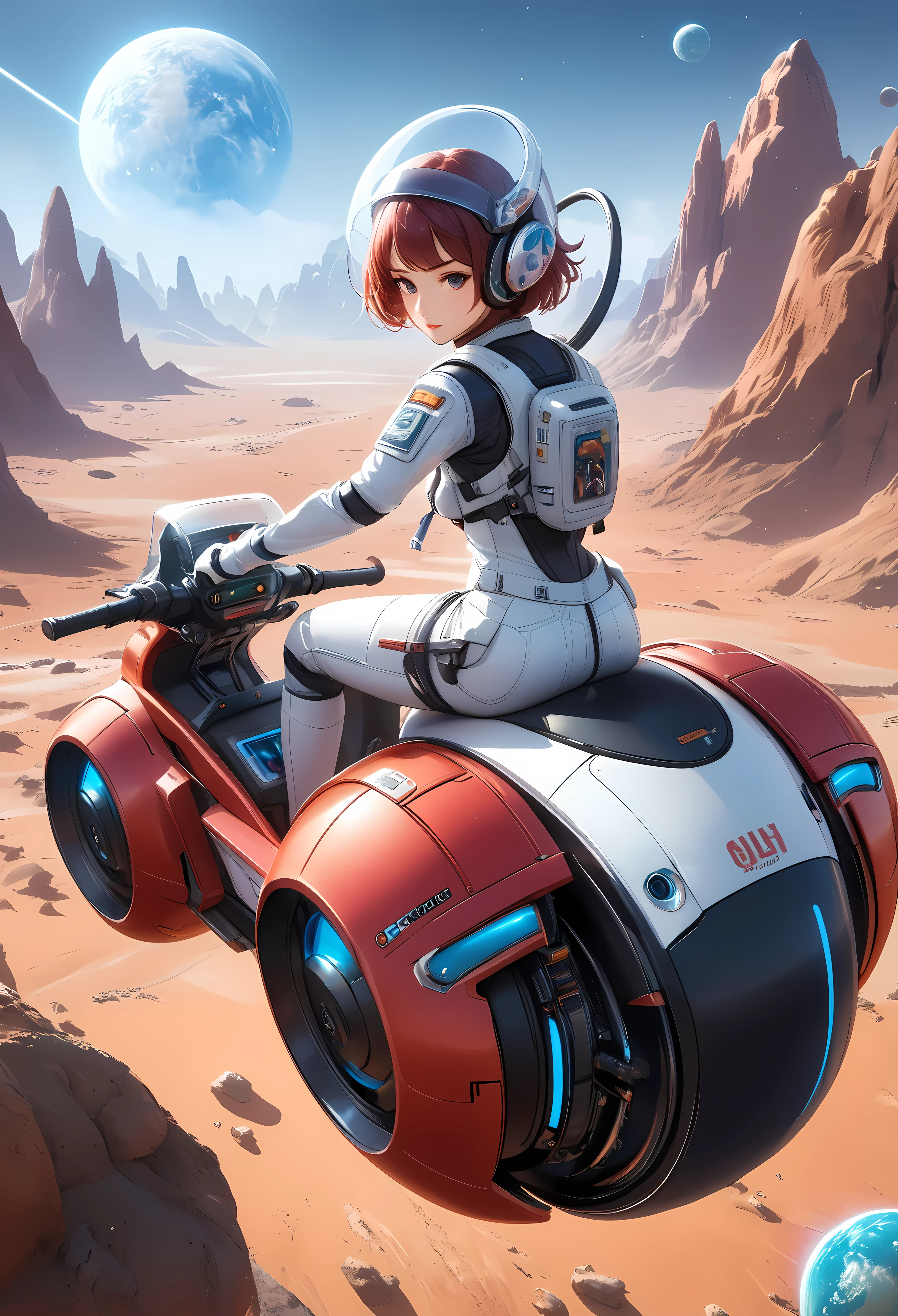 Create a detailed image of a supermodel beauty female astronaut riding a futuristic hoverbike on an alien planet. The astronaut should be wearing a sleek, advanced spacesuit with a transparent helmet, showcasing her determined expression. Her spacesuit should be white with metallic accents, fitted with advanced life-support systems and digital displays on the arms. (short hair). The hoverbike should have a sleek, aerodynamic design with a low-slung, elongated body in a vibrant red color with a glossy finish. It should have advanced anti-gravity thrusters emitting a soft blue glow, positioned where the wheels would be, giving it a hovering effect. The hoverbike should feature detailed decals and futuristic text, with a contoured seat for the rider. The handlebars should be minimalistic, with advanced digital controls and displays integrated into the design. The alien planet's landscape should be exotic and otherworldly, with rugged terrain, strange rock formations, and a colorful, star-filled sky with multiple moons or planets visible in the background. The environment should have a mix of vibrant and muted colors, creating a sense of mystery and adventure.  | ((perfect_composition, perfect_design, perfect_layout, perfect_detail, ultra_detailed)), ((enhance_all, fix_everything)), More Detail, Enhance.