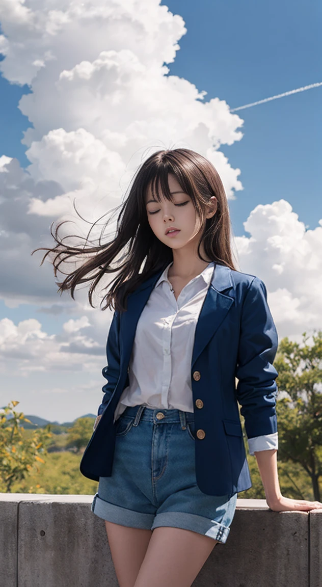 "Weathering with You," an anime-style illustration of a young woman flying among the clouds, with a blue sky in the background. Her long black hair is blowing in the wind, and she is wearing a blue jacket, white shirt, navy blue shorts, and black boots. She has her eyes closed and a relaxed expression, and is depicted floating in the air with her arms outstretched. White birds fly around her, and large cumulonimbus clouds can be seen in the distance. The scene depicts a bright and refreshing summer day. Detailed digital art in the style of anime and manga. "The detailed anime style is reminiscent of Makoto Shinkai, and the rich use of color and light is characteristic. The scene has a fantastical and moving atmosphere."