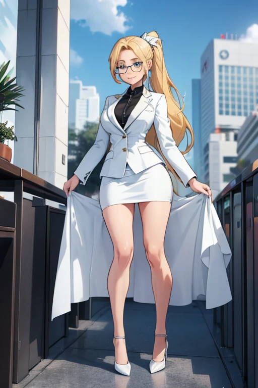 female, blonde long hair in ponytail, blue eyes, (((1girl))), (((white business suit))), (black dress shirt), (white pencil skirt), (black stockings), (white heels), (glasses), cute and sexy, full body, modest breasts, long legs, smiling, slight cleavage