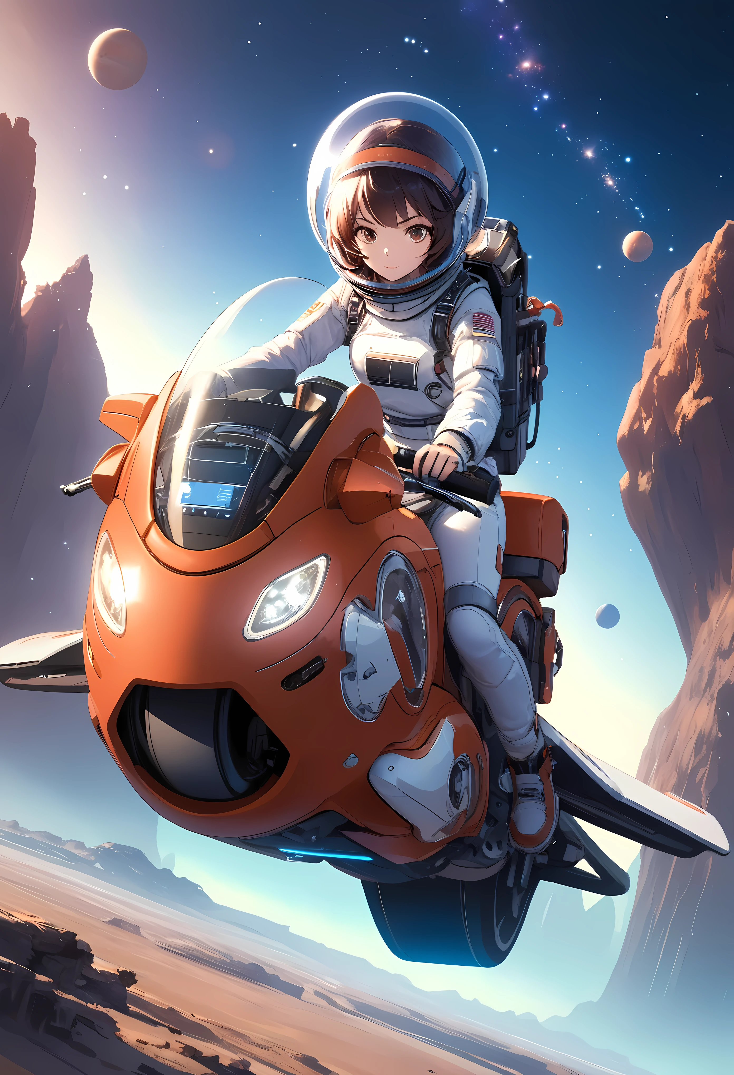 Create a detailed image of a supermodel beauty female astronaut riding a futuristic hoverbike on an alien planet. The astronaut should be wearing a sleek, advanced spacesuit with a transparent helmet, showcasing her determined expression. Her spacesuit should be white with metallic accents, fitted with advanced life-support systems and digital displays on the arms. (short hair). The hoverbike should have a sleek, aerodynamic design with a low-slung, elongated body in a vibrant red color with a glossy finish. It should have advanced anti-gravity thrusters emitting a soft blue glow, positioned where the wheels would be, giving it a hovering effect. The hoverbike should feature detailed decals and futuristic text, with a contoured seat for the rider. The handlebars should be minimalistic, with advanced digital controls and displays integrated into the design. The alien planet's landscape should be exotic and otherworldly, with rugged terrain, strange rock formations, and a colorful, star-filled sky with multiple moons or planets visible in the background. The environment should have a mix of vibrant and muted colors, creating a sense of mystery and adventure.  | ((perfect_composition, perfect_design, perfect_layout, perfect_detail, ultra_detailed)), ((enhance_all, fix_everything)), More Detail, Enhance.