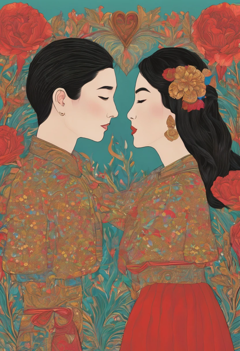 For China, the image highlights a couple in a realistic portrait. The couple is dressed in traditional Chinese clothing, with the woman wearing a red silk dress and the man wearing a black suit. The woman has long, straight hair, with a sweet, smooth expression. The man has short, dark hair, with a strong, confident look. The artistic medium is painting, focusing on capturing the details and textures of traditional clothing. The artists, illustrators, painters, and artistic movements that could collaborate with this scene are: Xu Beihong, Qi Baishi, and the Xieyi movement.