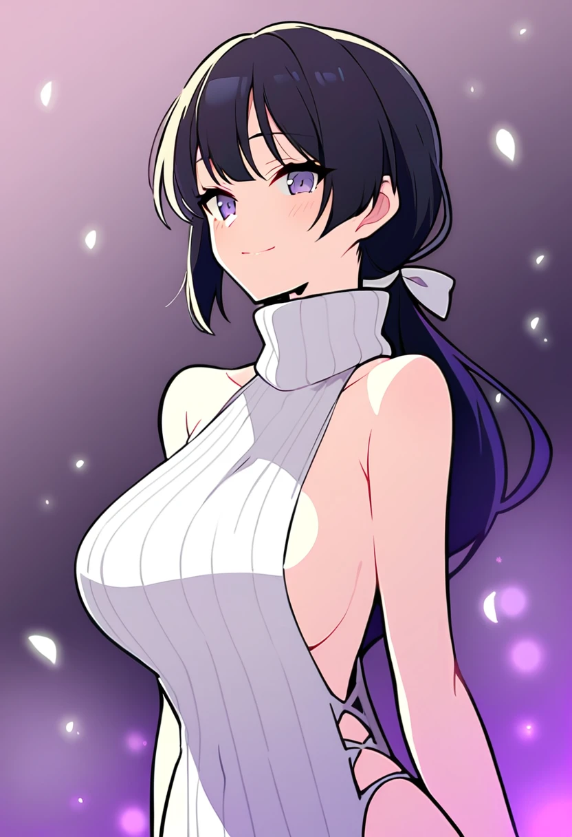 masterpiece, Highest quality, One girl, short ponytail、black hair、virgin killer sweater, (sweater dress:1.2), ribbed sweater,sideboob,cleavage cutout, turtleneck sweater,(broen sweater:1.3),(crop top navel:0.8)、sleeveless,gentle smile、Very sexy、upper body,from front,huge breasts