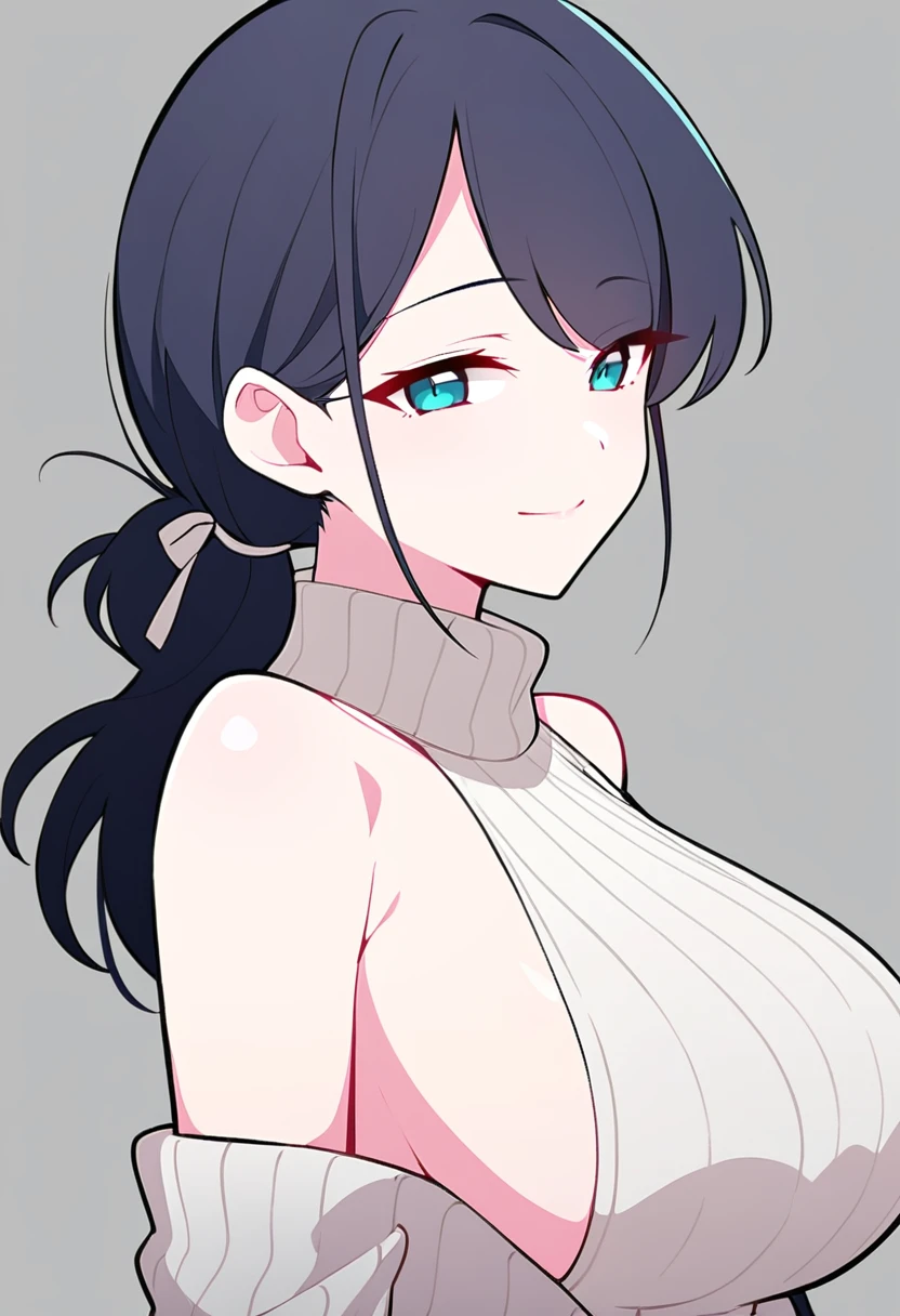 masterpiece, Highest quality, One girl, short ponytail、black hair、virgin killer sweater, (sweater dress:1.2), ribbed sweater,sideboob,cleavage cutout, turtleneck sweater,(broen sweater:1.3),(crop top navel:0.8)、sleeveless,gentle smile、Very sexy、upper body,from front,huge breasts